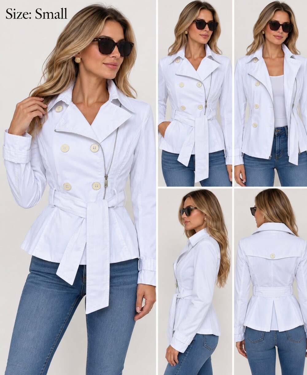 Black Rivet Womenβs White Belted Trench Jacket Size S Cotton Blend Moto Style